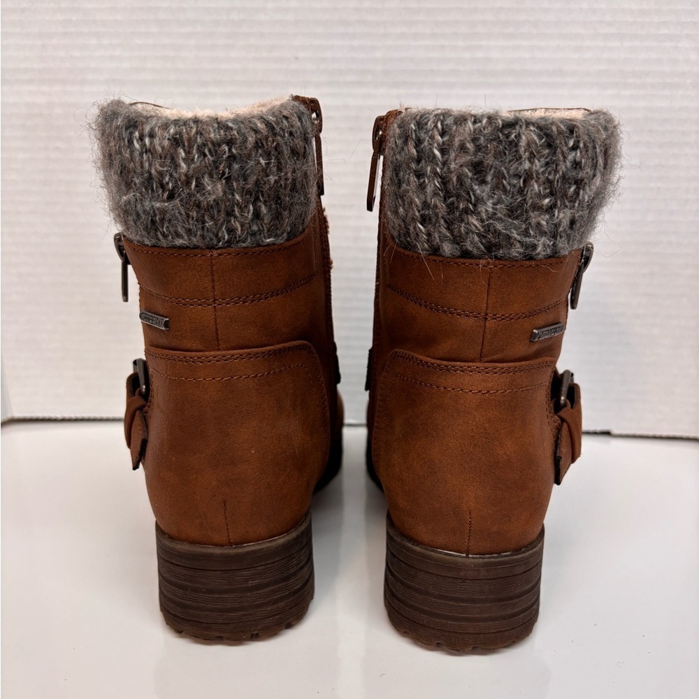 Yellow Brown Knit Cuff Buckle Combat Ankle Boots - Picture 6 of 10